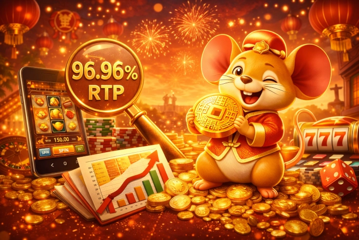 Fortune Mouse com destaque para RTP, celular com slot e cenário de cassino em tons vermelhos e dourados