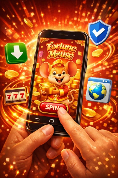 Fortune Mouse na tela de um smartphone com ícones de app, interface mobile, toque na tela e elementos digitais em fundo vermelho e dourado