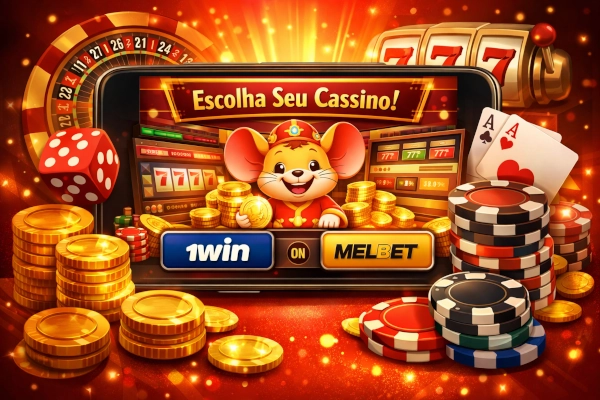 Fortune Mouse on a smartphone screen with online casino elements, chips, golden coins, and platform selection on a red and gold background