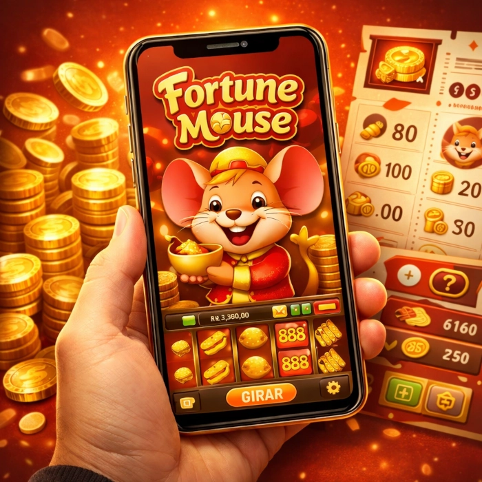Fortune Mouse na tela de um smartphone com botão girar, símbolos do slot, moedas douradas e painel explicativo em fundo vermelho e dourado