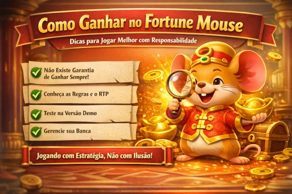 Fortune Mouse com lupa, moedas douradas, pergaminhos com dicas de jogo, baú de tesouro e elementos visuais sobre estratégia e responsabilidade em fundo vermelho e dourado