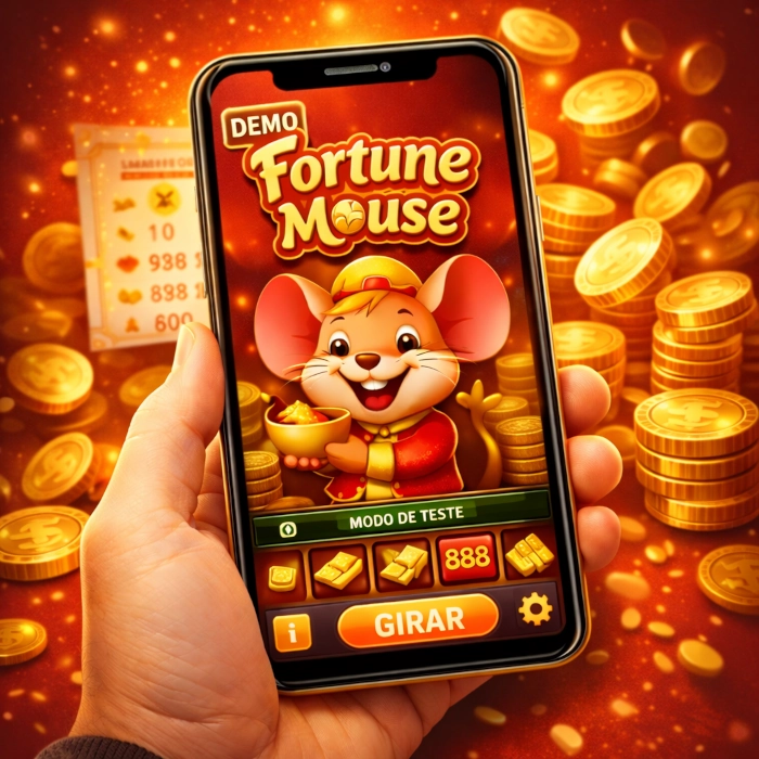 Fortune Mouse demo mode on a smartphone screen with slot interface, golden coins, and red-gold casino visuals