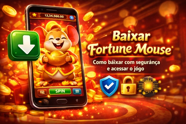 Fortune Mouse na tela de um smartphone com ícone de download, interface mobile, elementos de segurança e fundo vermelho e dourado