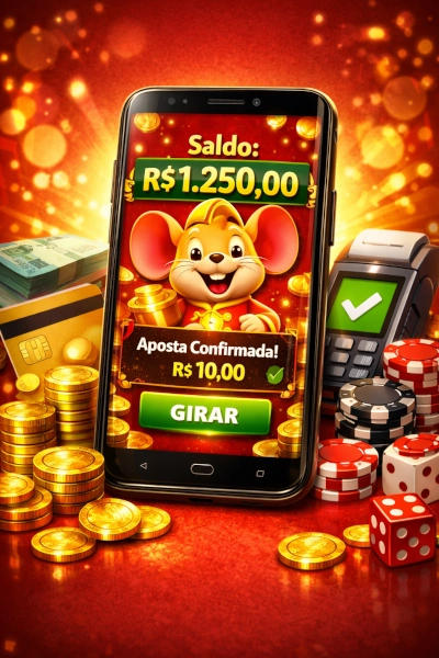 Fortune Mouse on a smartphone screen with balance in Brazilian reais, confirmed bet, golden coins, and payment elements on a red and gold background