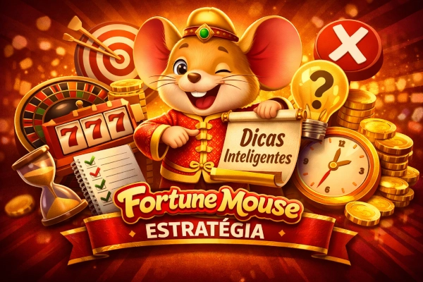 Fortune Mouse com pergaminho de estratégia, alvo, relógio, checklist, moedas douradas e elementos visuais sobre organização e controle de jogo em fundo vermelho e dourado
