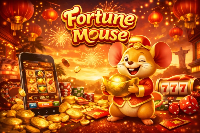 Fortune Mouse com smartphone, moedas douradas e elementos de cassino em fundo vermelho e dourado