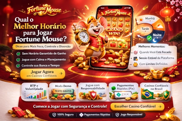Fortune Mouse na tela de um smartphone com relógio, calendário, moedas douradas e elementos visuais sobre horário de jogo em fundo vermelho e dourado