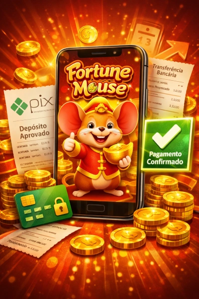 Fortune Mouse on a smartphone screen with Pix symbol, approved deposit, confirmed payment, and golden coins on a red and gold background