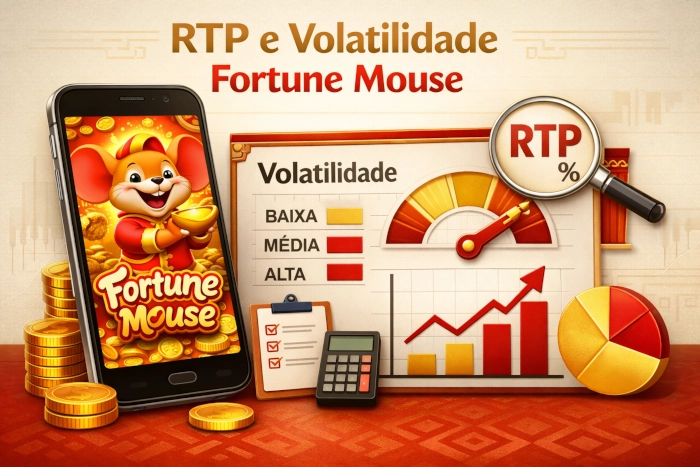 Fortune Mouse na tela de um smartphone com gráficos de RTP, indicador de volatilidade e elementos analíticos em tons vermelhos, dourados e claros