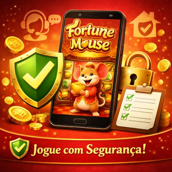 Fortune Mouse on a smartphone screen with verification shield, padlock, checklist, and safety elements on a red and gold background